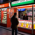 **A busy currency exchange booth in Madrid, with a person carefully examining banknotes under bright light. The background shows a bustling street scene with people and shops.**