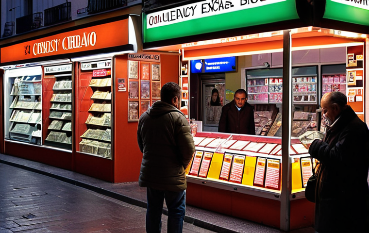 **A busy currency exchange booth in Madrid, with a person carefully examining banknotes under bright light. The background shows a bustling street scene with people and shops.**