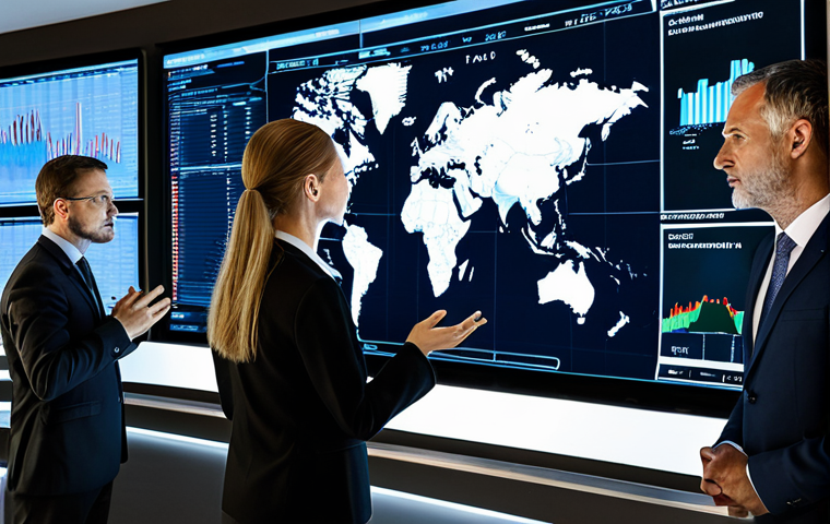 A diverse team of professional currency analysts, fully clothed in modest business suits, gathered around a large interactive holographic display in a high-tech global financial operations room. The display shows a complex geopolitical map with overlaid real-time currency charts, illustrating the impact of global events on currency volatility. Their expressions are focused and analytical, demonstrating deep concentration. The room is modern and well-lit, with multiple additional screens in the background displaying financial data. Perfect anatomy, correct proportions, natural pose, well-formed hands, proper finger count. Professional photography, high quality, safe for work, appropriate content, professional dress, family-friendly.