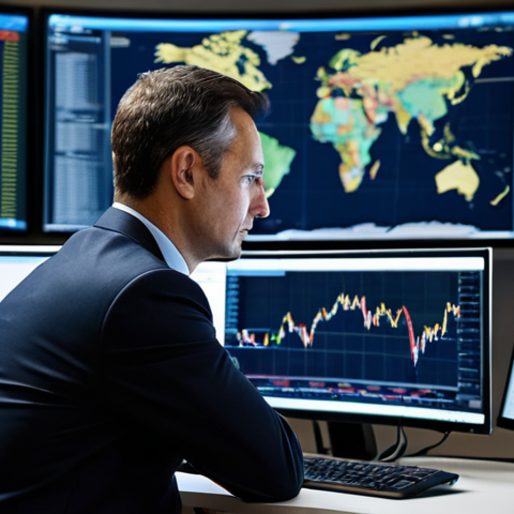 A focused professional financial analyst, approximately 35-45 years old, dressed in a modest, dark business suit, sitting at a desk in a sophisticated, modern trading office. Multiple high-resolution monitors display complex forex charts, live economic indicators, and global geopolitical news feeds. The analyst's expression is calm and analytical, reflecting deep concentration and expertise. The background features a clean, well-lit office environment with a subtle blur of city lights outside a large window. safe for work, appropriate content, fully clothed, professional dress, perfect anatomy, correct proportions, natural pose, well-formed hands, proper finger count, natural body proportions, professional photography, high quality.