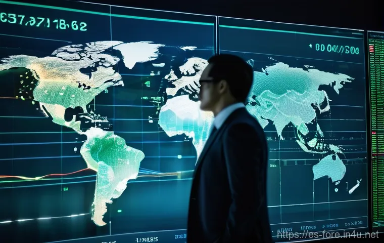 외환관리사 필수 용어 사전 - A visually dynamic and interconnected scene representing the global currency market (Forex). In the ...