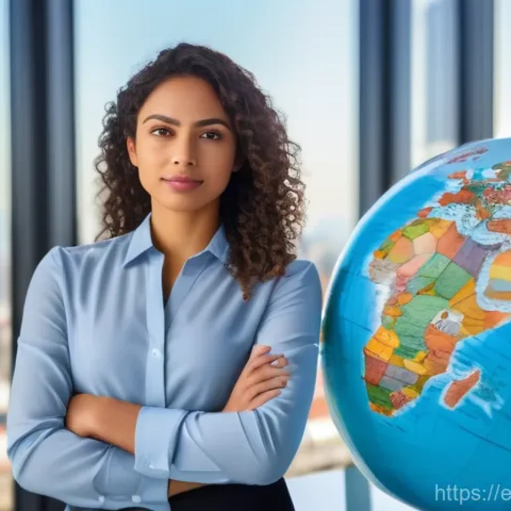 외환관리사 자격증 공부 방법 - A confident young Latina woman, dressed in smart business casual attire, stands in a modern, sunlit ...