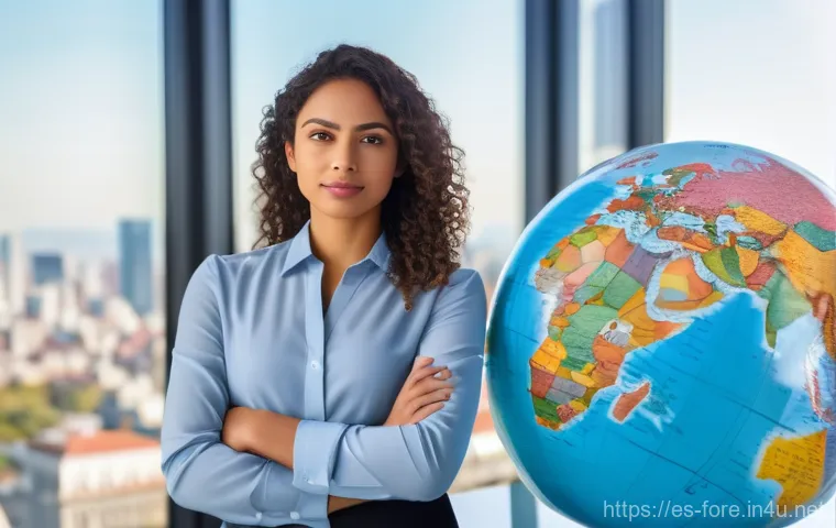 외환관리사 자격증 공부 방법 - A confident young Latina woman, dressed in smart business casual attire, stands in a modern, sunlit ...