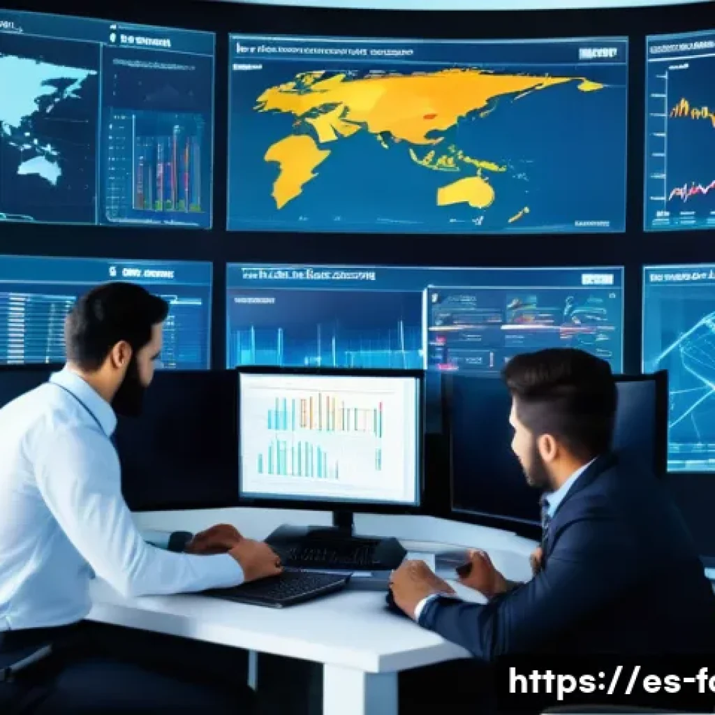 외환관리사와 국제 결제 시스템 - A dynamic corporate office scene showing a diverse team of Latin American professionals analyzing fl...