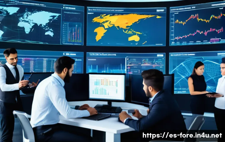 외환관리사와 국제 결제 시스템 - A dynamic corporate office scene showing a diverse team of Latin American professionals analyzing fl...