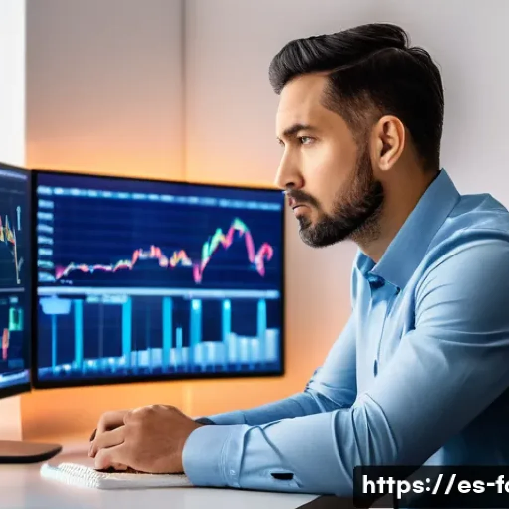 외환관리사와 외환 거래 성공 사례 분석 - A focused Hispanic male trader in his 30s sitting at a modern desk in a sleek home office in Madrid,...