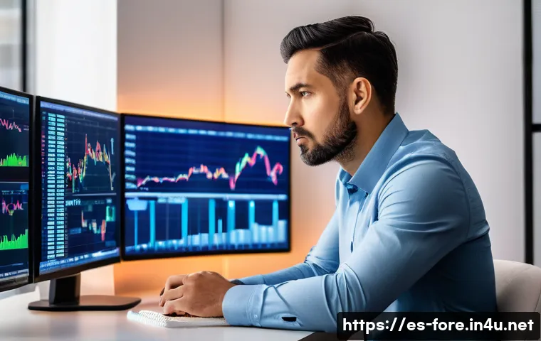 외환관리사와 외환 거래 성공 사례 분석 - A focused Hispanic male trader in his 30s sitting at a modern desk in a sleek home office in Madrid,...