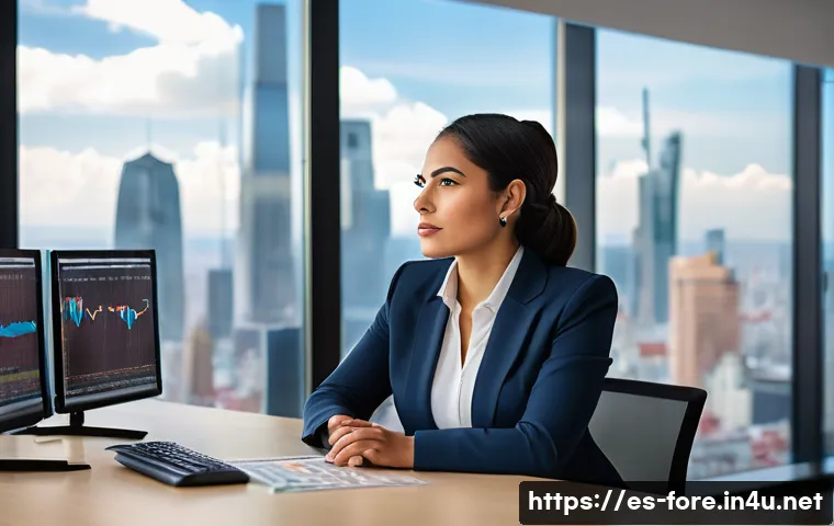 외환관리사와 외환 시장 변화 연구 사례 - A professional Hispanic businesswoman in a modern office setting, analyzing multiple digital screens...