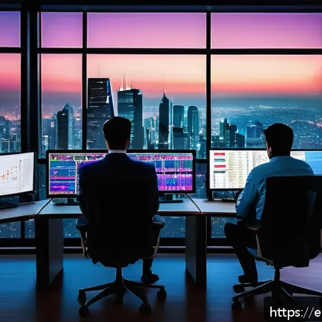 외환관리사와 국제 금융 트렌드 - A dynamic digital financial trading room set in a modern Latin American city skyline at dusk, featur...