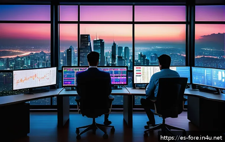 외환관리사와 국제 금융 트렌드 - A dynamic digital financial trading room set in a modern Latin American city skyline at dusk, featur...