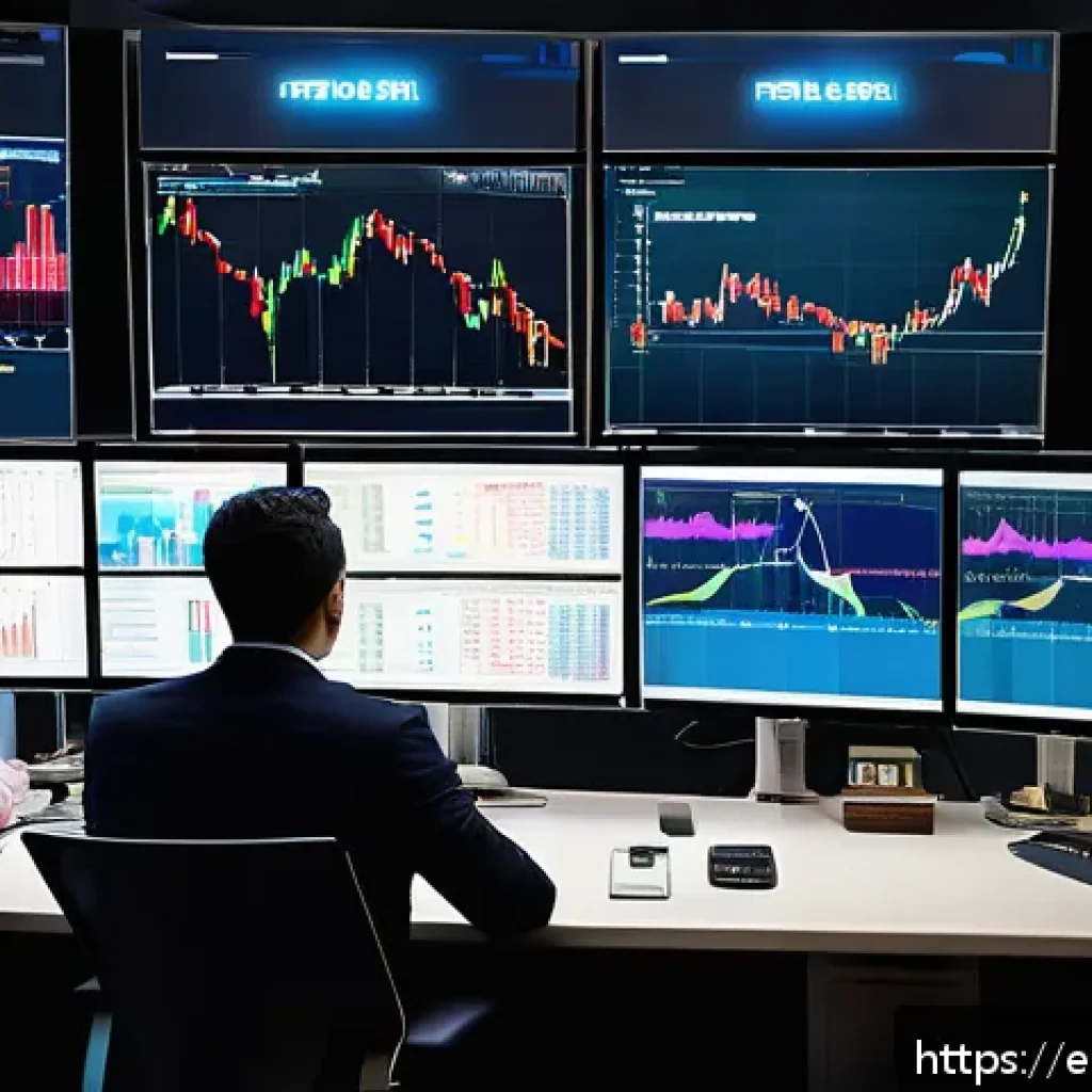외환관리사와 금융 데이터 시각화 - A sophisticated financial trading room with multiple large monitors displaying dynamic, interactive ...