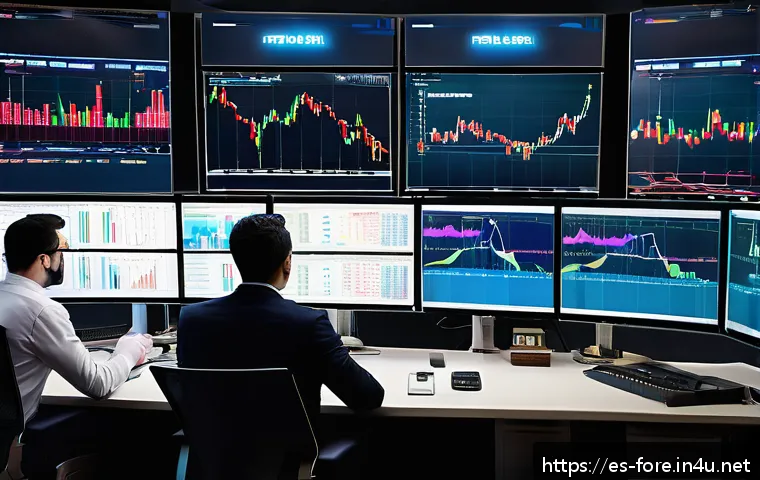 외환관리사와 금융 데이터 시각화 - A sophisticated financial trading room with multiple large monitors displaying dynamic, interactive ...