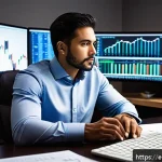 Home 21 외환관리사와 외환 실무 역량 강화 방법 - A professional Latino trader in a modern home office setting, focused and calm while analyzing multi...