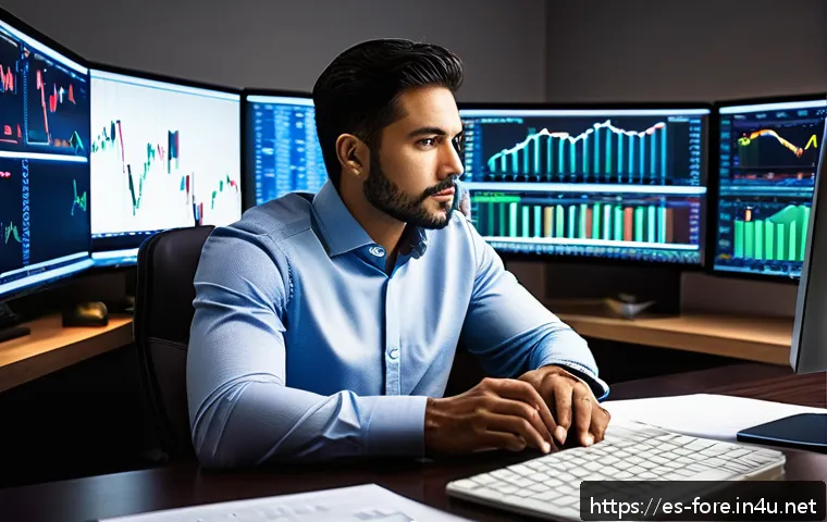 외환관리사와 외환 실무 역량 강화 방법 - A professional Latino trader in a modern home office setting, focused and calm while analyzing multi...