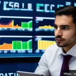 Home 20 외환관리사와 글로벌 금융 사례 - A professional financial analyst in a modern office setting, studying multiple large monitors displa...