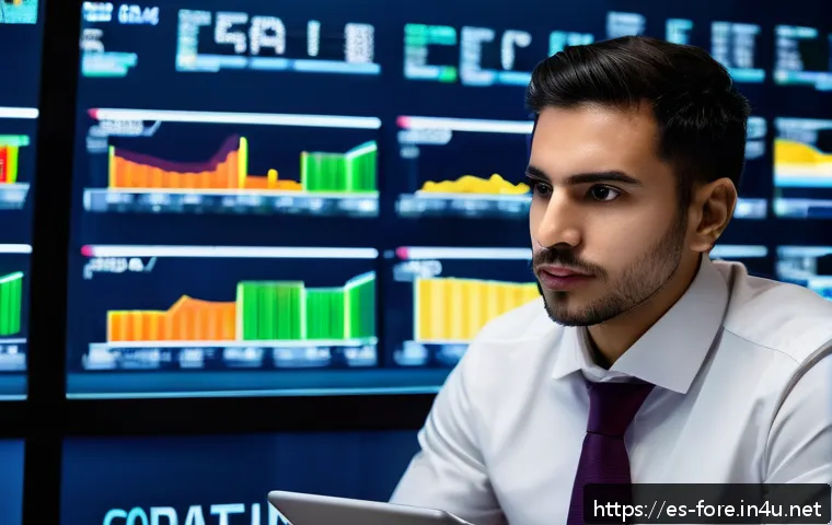 외환관리사와 글로벌 금융 사례 - A professional financial analyst in a modern office setting, studying multiple large monitors displa...