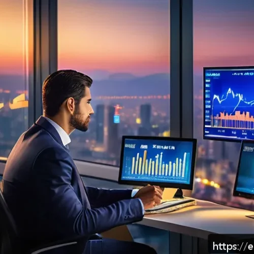 Home 31 외환관리사와 외환 실무 역량 강화 사례 - A sophisticated financial trader in a modern office overlooking a vibrant city skyline at dusk, anal...