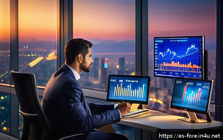 외환관리사와 외환 실무 역량 강화 사례 - A sophisticated financial trader in a modern office overlooking a vibrant city skyline at dusk, anal...
