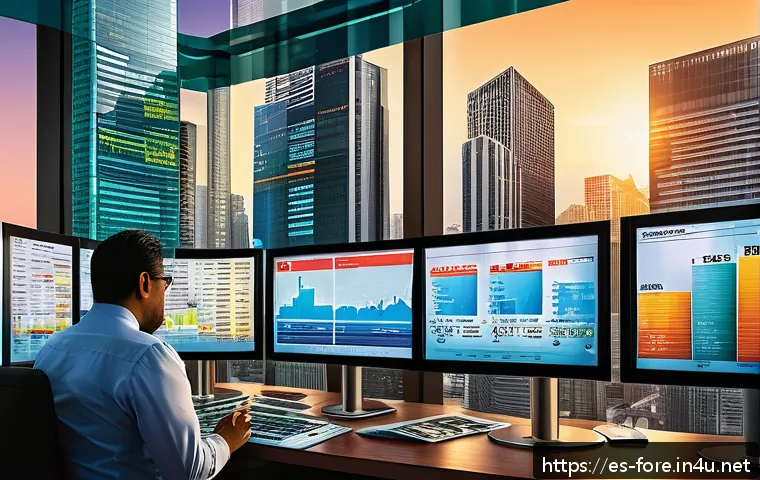 외환관리사와 신흥국 환율 동향 - A detailed digital illustration of a busy Latin American financial district at sunset, featuring div...