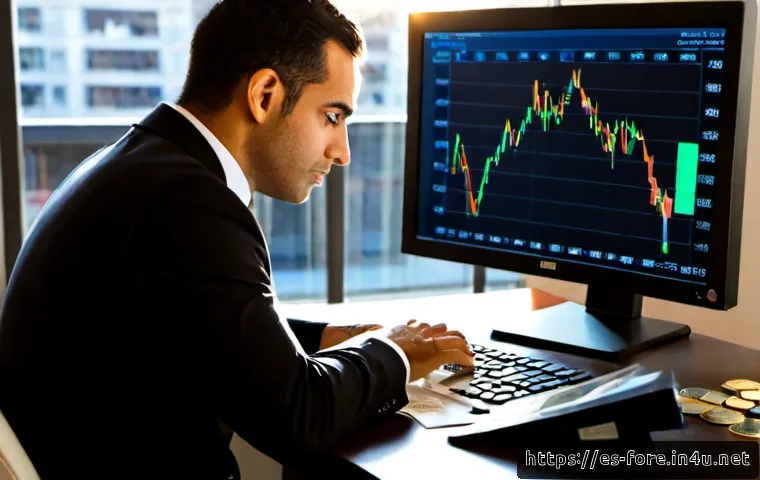 Home 17 외환관리사와 금융 시장 데이터 활용 - Photorealistic financial analyst in a modern Madrid office, studying a large clean monitor with abst...