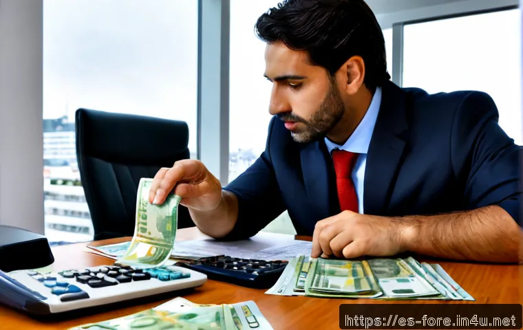 외환관리사와 외환 리스크 평가 도구 - Photorealistic foreign exchange manager in a modern Madrid financial office, reviewing a clean curre...