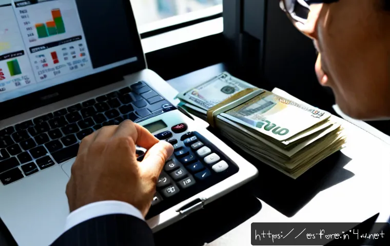 외환관리사와 글로벌 금융 시장 비교 - Photorealistic financial advisor in a modern Madrid office, reviewing euro banknotes, a calculator, ...